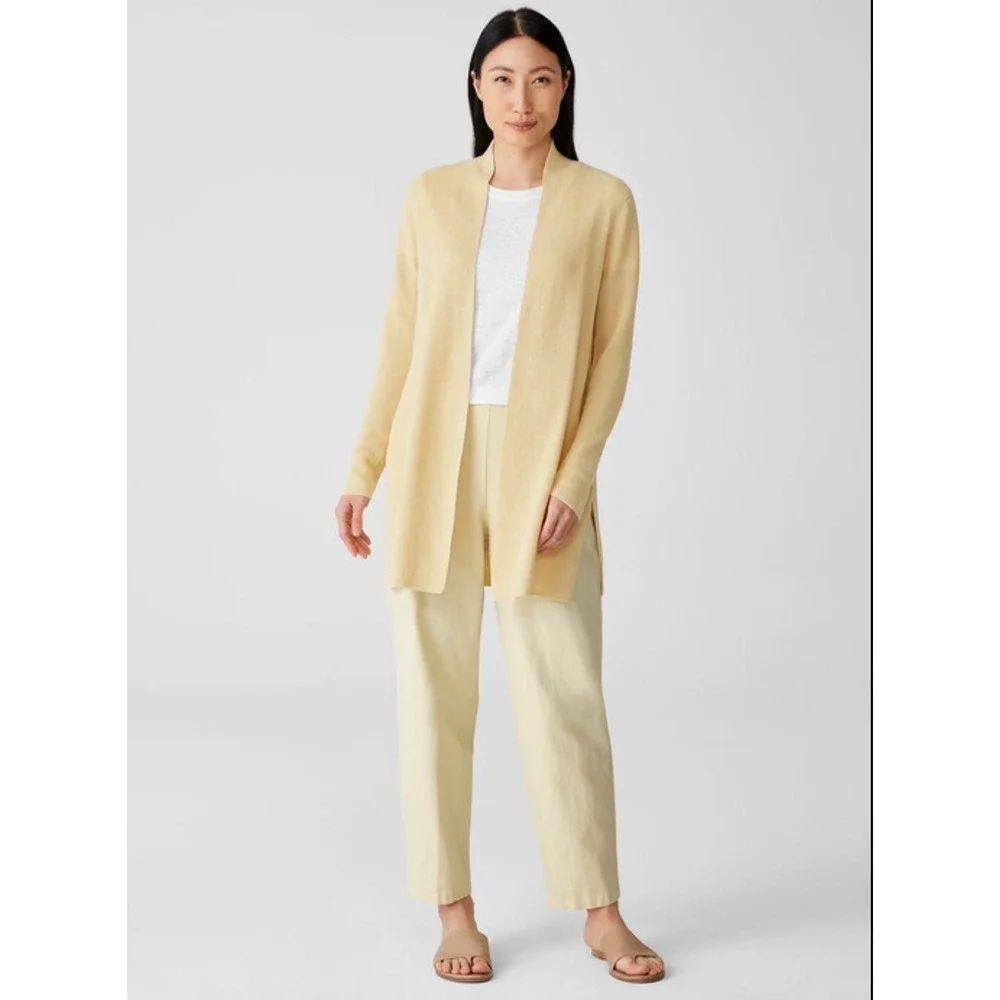Eileen Fisher Long Cardigan Womens M Yellow Organic Linen Cotton‎ Open Front